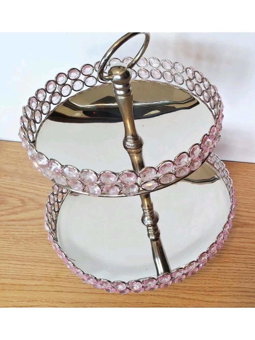 2-Tier Silver Metal Serving Stand Pink Faux Crystal Beads Dessert Jewelry Tower - Picture 5 of 16